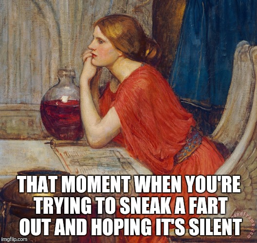 j.w. waterhouse circe painting | THAT MOMENT WHEN YOU'RE TRYING TO SNEAK A FART OUT AND HOPING IT'S SILENT | image tagged in jw waterhouse circe painting | made w/ Imgflip meme maker