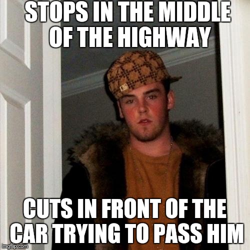 I saw this | STOPS IN THE MIDDLE OF THE HIGHWAY; CUTS IN FRONT OF THE CAR TRYING TO PASS HIM | image tagged in memes,scumbag steve | made w/ Imgflip meme maker