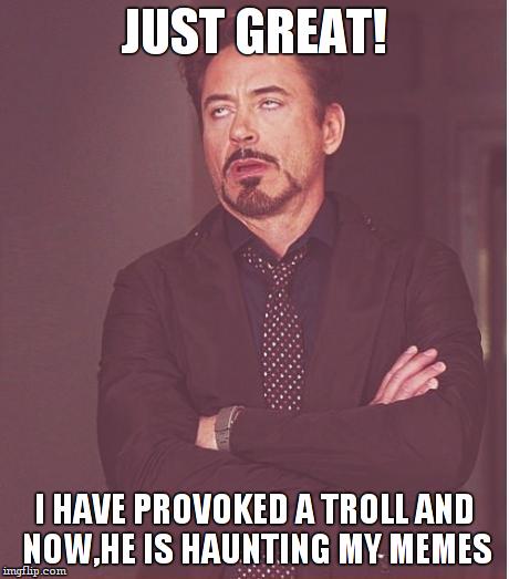Face You Make Robert Downey Jr Meme | JUST GREAT! I HAVE PROVOKED A TROLL AND NOW,HE IS HAUNTING MY MEMES | image tagged in memes,face you make robert downey jr | made w/ Imgflip meme maker