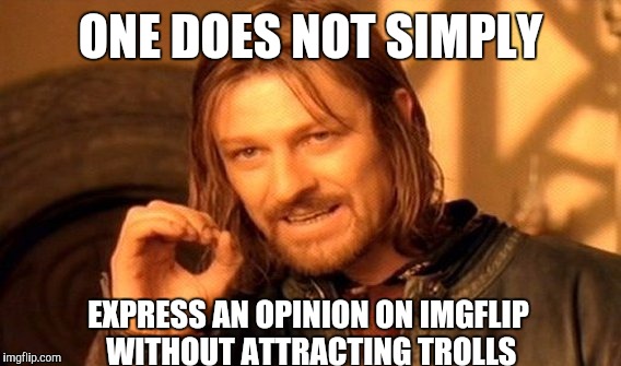 One Does Not Simply Meme | ONE DOES NOT SIMPLY EXPRESS AN OPINION ON IMGFLIP WITHOUT ATTRACTING TROLLS | image tagged in memes,one does not simply | made w/ Imgflip meme maker