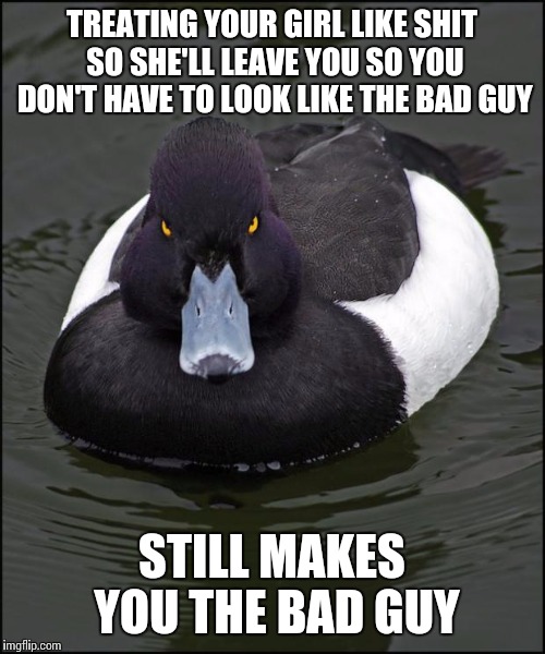 hi res angry advice mallard | TREATING YOUR GIRL LIKE SHIT SO SHE'LL LEAVE YOU SO YOU DON'T HAVE TO LOOK LIKE THE BAD GUY; STILL MAKES YOU THE BAD GUY | image tagged in hi res angry advice mallard | made w/ Imgflip meme maker