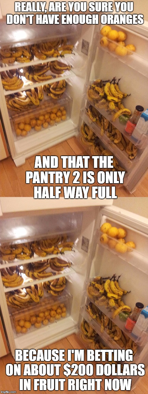 Fruit OVER 9000 | REALLY, ARE YOU SURE YOU DON'T HAVE ENOUGH ORANGES; AND THAT THE PANTRY 2 IS ONLY HALF WAY FULL; BECAUSE I'M BETTING ON ABOUT $200 DOLLARS IN FRUIT RIGHT NOW | image tagged in banana,fruit,memes,funny,too many,srsly | made w/ Imgflip meme maker