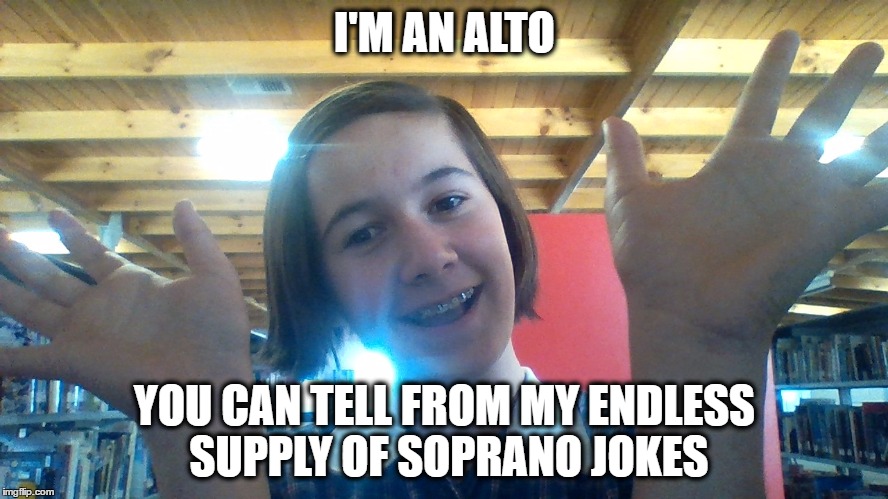 I'M AN ALTO; YOU CAN TELL FROM MY ENDLESS SUPPLY OF SOPRANO JOKES | image tagged in i sing alto,you can tell from my endless supply of soprano joke | made w/ Imgflip meme maker