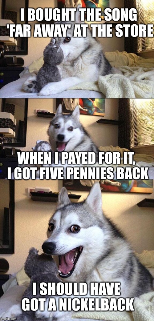 Bad Pun Dog | I BOUGHT THE SONG 'FAR AWAY' AT THE STORE; WHEN I PAYED FOR IT, I GOT FIVE PENNIES BACK; I SHOULD HAVE GOT A NICKELBACK | image tagged in memes,bad pun dog | made w/ Imgflip meme maker