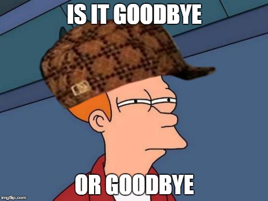 Futurama Fry | IS IT GOODBYE; OR GOODBYE | image tagged in memes,futurama fry,scumbag | made w/ Imgflip meme maker