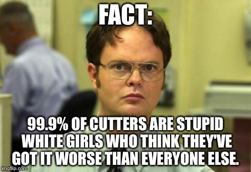 Dwight shrute | FACT:; 99.9% OF CUTTERS ARE STUPID WHITE GIRLS WHO THINK THEY'VE GOT IT WORSE THAN EVERYONE ELSE. | image tagged in dwight shrute | made w/ Imgflip meme maker