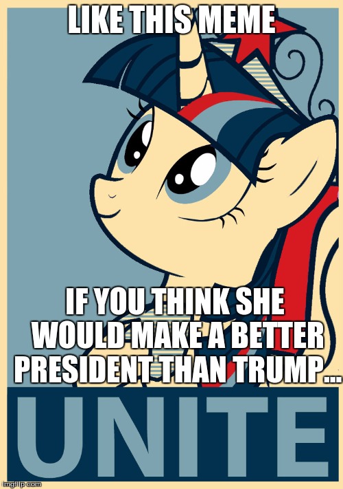 LIKE THIS MEME; IF YOU THINK SHE WOULD MAKE A BETTER PRESIDENT THAN TRUMP... | image tagged in twilight sparkle for president,donald trump,running for office | made w/ Imgflip meme maker