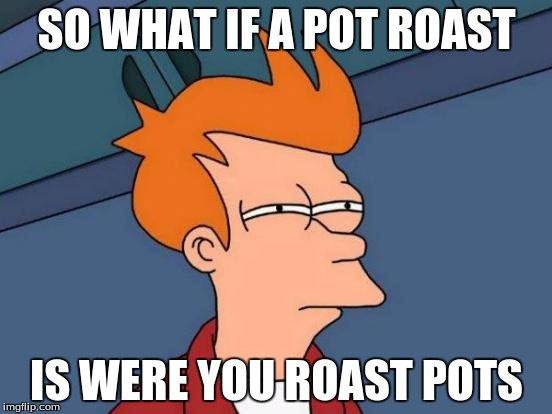 Futurama Fry Meme | SO WHAT IF A POT ROAST; IS WERE YOU ROAST POTS | image tagged in memes,futurama fry | made w/ Imgflip meme maker