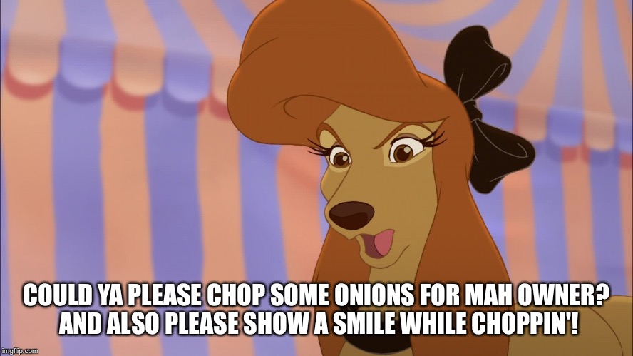 Show A Smile While Choppin'! | COULD YA PLEASE CHOP SOME ONIONS FOR MAH OWNER? AND ALSO PLEASE SHOW A SMILE WHILE CHOPPIN'! | image tagged in dixie,memes,the fox and the hound 2,onions,reba mcentire,humor | made w/ Imgflip meme maker