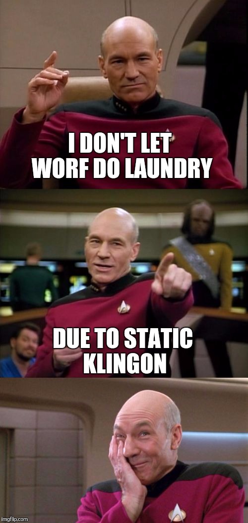 Bad Pun Picard | I DON'T LET WORF DO LAUNDRY; DUE TO STATIC KLINGON | image tagged in bad pun picard | made w/ Imgflip meme maker