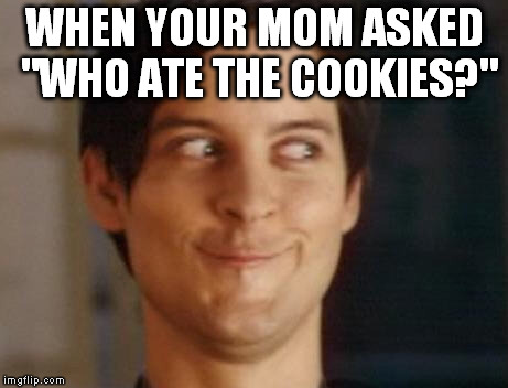 Spiderman Peter Parker | WHEN YOUR MOM ASKED "WHO ATE THE COOKIES?" | image tagged in memes,spiderman peter parker | made w/ Imgflip meme maker