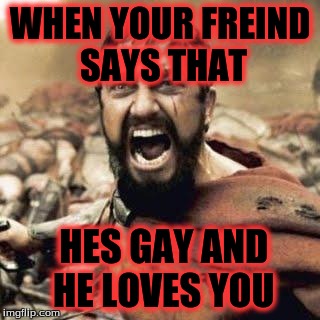 THIS IS SPARTA!!!! | WHEN YOUR FREIND SAYS THAT; HES GAY AND HE LOVES YOU | image tagged in this is sparta | made w/ Imgflip meme maker