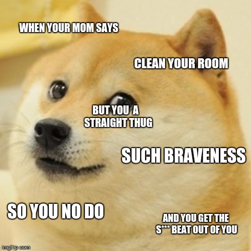 Doge |  WHEN YOUR MOM SAYS; CLEAN YOUR ROOM; BUT YOU 
A   STRAIGHT THUG; SUCH BRAVENESS; SO YOU NO DO; AND YOU GET THE S*** BEAT OUT OF YOU | image tagged in memes,doge | made w/ Imgflip meme maker