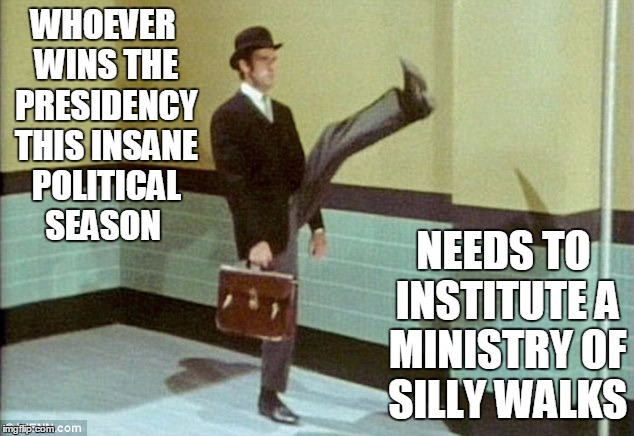 WHOEVER WINS THE PRESIDENCY THIS INSANE POLITICAL SEASON NEEDS TO INSTITUTE A MINISTRY OF SILLY WALKS | made w/ Imgflip meme maker