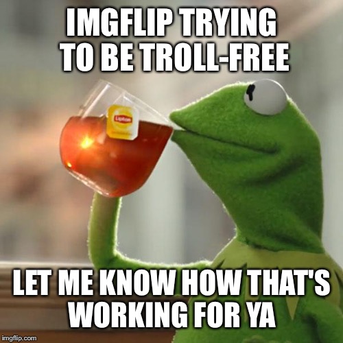 But That's None Of My Business Meme | IMGFLIP TRYING TO BE TROLL-FREE LET ME KNOW HOW THAT'S WORKING FOR YA | image tagged in memes,but thats none of my business,kermit the frog | made w/ Imgflip meme maker