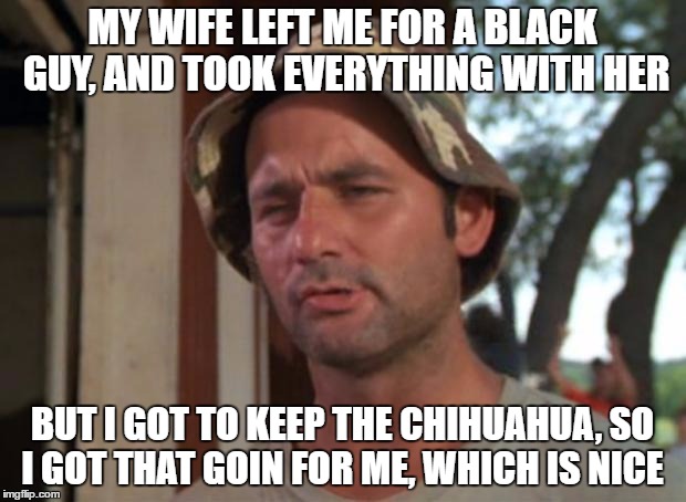 So I Got That Goin For Me Which Is Nice Meme | MY WIFE LEFT ME FOR A BLACK GUY, AND TOOK EVERYTHING WITH HER; BUT I GOT TO KEEP THE CHIHUAHUA, SO I GOT THAT GOIN FOR ME, WHICH IS NICE | image tagged in memes,so i got that goin for me which is nice | made w/ Imgflip meme maker