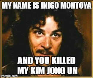 princess bride | MY NAME IS INIGO MONTOYA; AND YOU KILLED MY KIM JONG UN | image tagged in princess bride | made w/ Imgflip meme maker