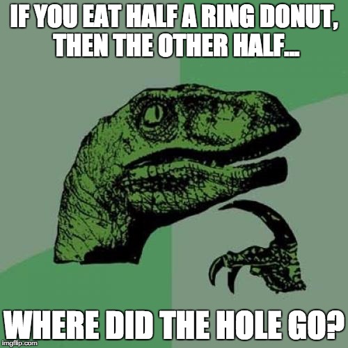 Philosoraptor | IF YOU EAT HALF A RING DONUT, THEN THE OTHER HALF... WHERE DID THE HOLE GO? | image tagged in memes,philosoraptor | made w/ Imgflip meme maker