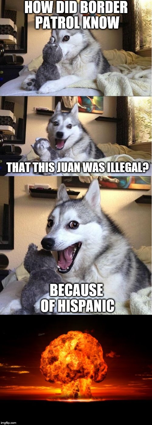 Bad pun goes Boom | HOW DID BORDER PATROL KNOW; THAT THIS JUAN WAS ILLEGAL? BECAUSE OF HISPANIC | image tagged in bad pun goes boom | made w/ Imgflip meme maker