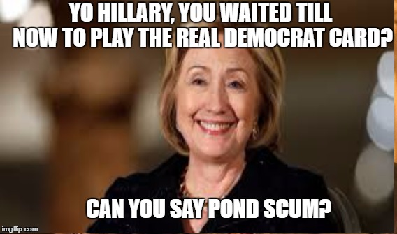 The Real Establishment Democrat | YO HILLARY, YOU WAITED TILL NOW TO PLAY THE REAL DEMOCRAT CARD? CAN YOU SAY POND SCUM? | image tagged in pond scum,hillary | made w/ Imgflip meme maker