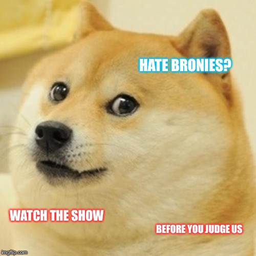 Doge Meme | HATE BRONIES? WATCH THE SHOW; BEFORE YOU JUDGE US | image tagged in memes,doge | made w/ Imgflip meme maker