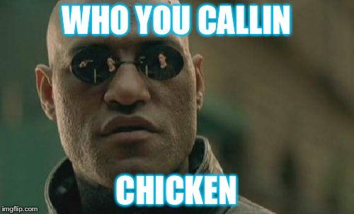 Matrix Morpheus | WHO YOU CALLIN; CHICKEN | image tagged in memes,matrix morpheus | made w/ Imgflip meme maker