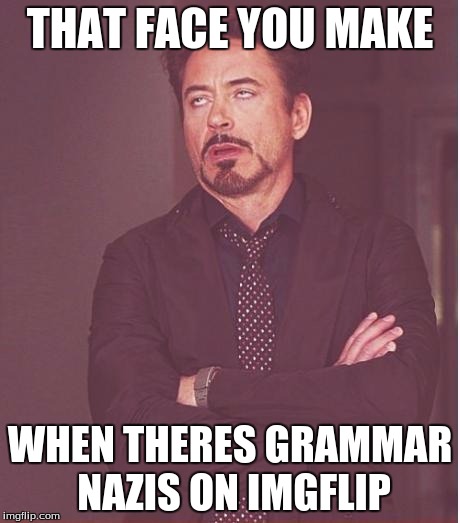 Face You Make Robert Downey Jr Meme | THAT FACE YOU MAKE; WHEN THERES GRAMMAR NAZIS ON IMGFLIP | image tagged in memes,face you make robert downey jr | made w/ Imgflip meme maker