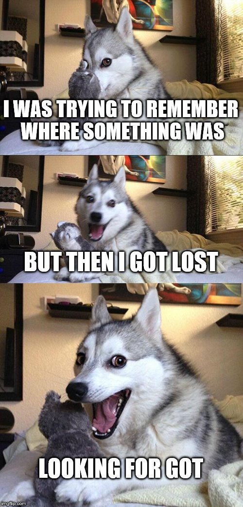 Bad Pun Dog | I WAS TRYING TO REMEMBER WHERE SOMETHING WAS; BUT THEN I GOT LOST; LOOKING FOR GOT | image tagged in memes,bad pun dog | made w/ Imgflip meme maker