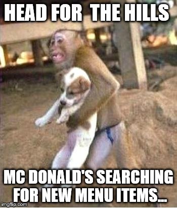 monkey dog | HEAD FOR  THE HILLS; MC DONALD'S SEARCHING FOR NEW MENU ITEMS... | image tagged in monkey dog | made w/ Imgflip meme maker