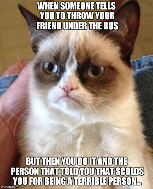 Grumpy Cat |  WHEN SOMEONE TELLS YOU TO THROW YOUR FRIEND UNDER THE BUS; BUT THEN YOU DO IT AND THE PERSON THAT TOLD YOU THAT SCOLDS YOU FOR BEING A TERRIBLE PERSON... | image tagged in memes,grumpy cat | made w/ Imgflip meme maker