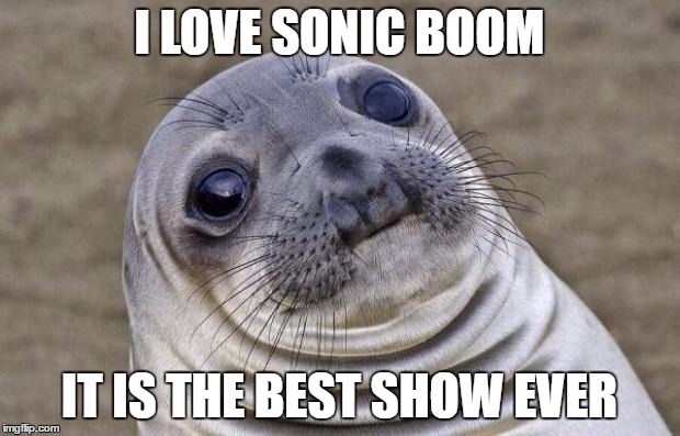Awkward Moment Sealion Meme | I LOVE SONIC BOOM; IT IS THE BEST SHOW EVER | image tagged in memes,awkward moment sealion | made w/ Imgflip meme maker