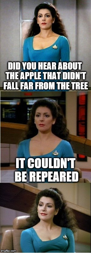 Bad Pun Star Trek | DID YOU HEAR ABOUT THE APPLE THAT DIDN'T FALL FAR FROM THE TREE; IT COULDN'T BE REPEARED | image tagged in bad pun star trek | made w/ Imgflip meme maker