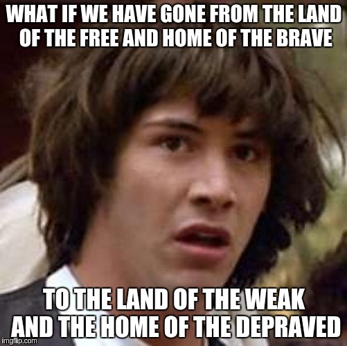 Conspiracy Keanu | WHAT IF WE HAVE GONE FROM THE LAND OF THE FREE AND HOME OF THE BRAVE; TO THE LAND OF THE WEAK AND THE HOME OF THE DEPRAVED | image tagged in memes,conspiracy keanu | made w/ Imgflip meme maker