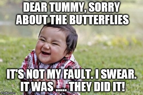 Evil Toddler | DEAR TUMMY, SORRY ABOUT THE BUTTERFLIES; IT'S NOT MY FAULT. I SWEAR. IT WAS ..... THEY DID IT! | image tagged in memes,evil toddler | made w/ Imgflip meme maker