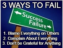 sucess vs. failure | 3 WAYS TO FAIL; 1. Blame Everything on Others; 2. Complain About Everything; 3. Don't be Grateful for Anything | image tagged in sucess vs failure | made w/ Imgflip meme maker