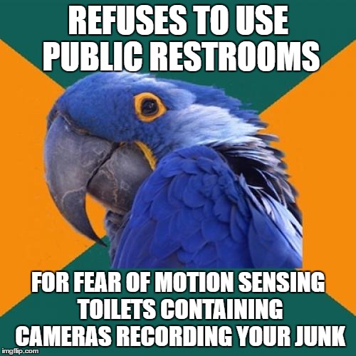 Paranoid Parrot | REFUSES TO USE PUBLIC RESTROOMS; FOR FEAR OF MOTION SENSING TOILETS CONTAINING CAMERAS RECORDING YOUR JUNK | image tagged in memes,paranoid parrot | made w/ Imgflip meme maker