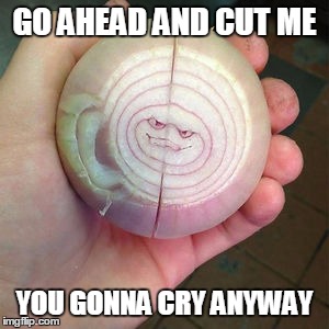 Onion Face | GO AHEAD AND CUT ME; YOU GONNA CRY ANYWAY | image tagged in onion face | made w/ Imgflip meme maker