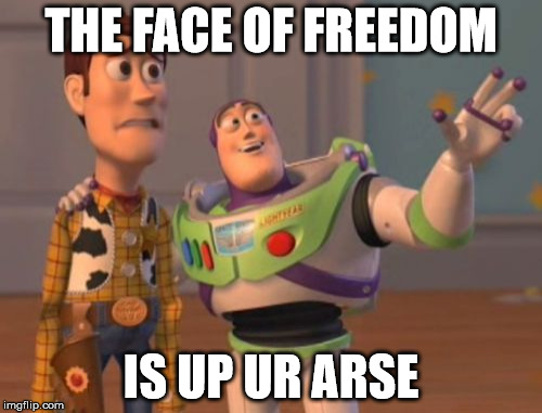 X, X Everywhere | THE FACE OF FREEDOM; IS UP UR ARSE | image tagged in memes,x x everywhere | made w/ Imgflip meme maker