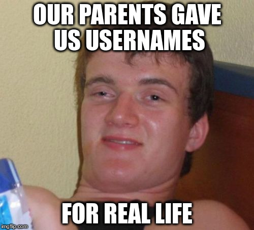 10 Guy Meme | OUR PARENTS GAVE US USERNAMES; FOR REAL LIFE | image tagged in memes,10 guy | made w/ Imgflip meme maker