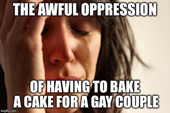 First World Problems Meme | THE AWFUL OPPRESSION; OF HAVING TO BAKE A CAKE FOR A GAY COUPLE | image tagged in memes,first world problems | made w/ Imgflip meme maker