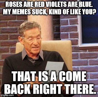 Maury Lie Detector | ROSES ARE RED VIOLETS ARE BLUE. MY MEMES SUCK, KIND OF LIKE YOU? THAT IS A COME BACK RIGHT THERE. | image tagged in memes,maury lie detector | made w/ Imgflip meme maker
