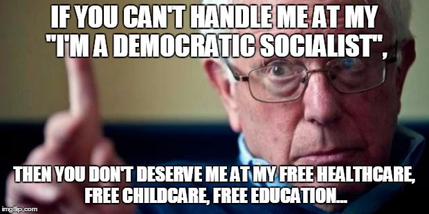 Bernie Sanders | IF YOU CAN'T HANDLE ME AT MY "I'M A DEMOCRATIC SOCIALIST", THEN YOU DON'T DESERVE ME AT MY FREE HEALTHCARE, FREE CHILDCARE, FREE EDUCATION... | image tagged in bernie sanders | made w/ Imgflip meme maker