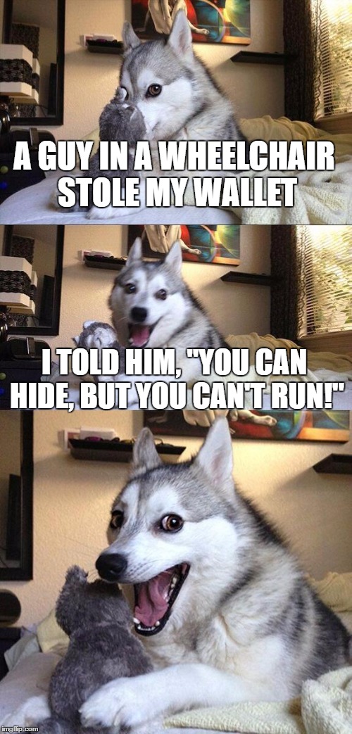 Bad Pun Dog | A GUY IN A WHEELCHAIR STOLE MY WALLET; I TOLD HIM, "YOU CAN HIDE, BUT YOU CAN'T RUN!" | image tagged in memes,bad pun dog,wheelchair,funny | made w/ Imgflip meme maker