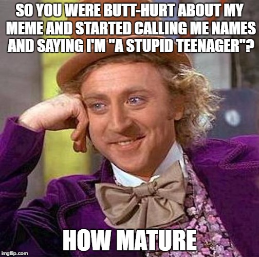 Pffff | SO YOU WERE BUTT-HURT ABOUT MY MEME AND STARTED CALLING ME NAMES AND SAYING I'M "A STUPID TEENAGER"? HOW MATURE | image tagged in memes,creepy condescending wonka | made w/ Imgflip meme maker