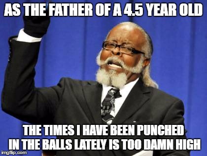 Too Damn High | AS THE FATHER OF A 4.5 YEAR OLD; THE TIMES I HAVE BEEN PUNCHED IN THE BALLS LATELY IS TOO DAMN HIGH | image tagged in memes,too damn high,AdviceAnimals | made w/ Imgflip meme maker