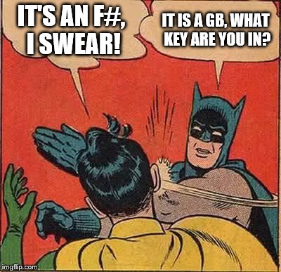 Batman Slapping Robin | IT'S AN F#, I SWEAR! IT IS A GB, WHAT KEY ARE YOU IN? | image tagged in memes,batman slapping robin | made w/ Imgflip meme maker