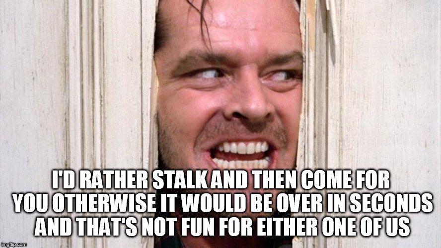 Stalker Jack | I'D RATHER STALK AND THEN COME FOR YOU OTHERWISE IT WOULD BE OVER IN SECONDS AND THAT'S NOT FUN FOR EITHER ONE OF US | image tagged in stalker jack | made w/ Imgflip meme maker