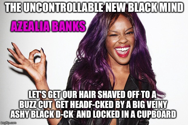 The mind born of very intelligent and real conversations | THE UNCONTROLLABLE NEW BLACK MIND; AZEALIA BANKS; LET'S GET OUR HAIR SHAVED OFF TO A BUZZ CUT  GET HEADF-CKED BY A BIG VEINY ASHY BLACK D-CK  AND LOCKED IN A CUPBOARD | image tagged in banks,palin,memes,racism,white,black | made w/ Imgflip meme maker
