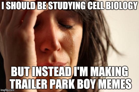 First World Problems Meme | I SHOULD BE STUDYING CELL BIOLOGY; BUT INSTEAD I'M MAKING TRAILER PARK BOY MEMES | image tagged in memes,first world problems,trailer park boys | made w/ Imgflip meme maker