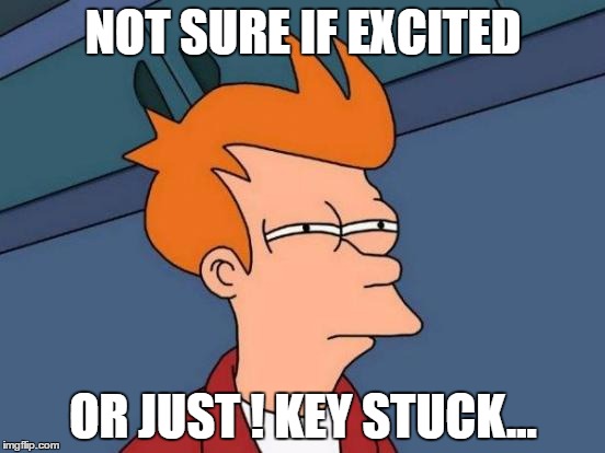 Futurama Fry | NOT SURE IF EXCITED; OR JUST ! KEY STUCK... | image tagged in memes,futurama fry | made w/ Imgflip meme maker